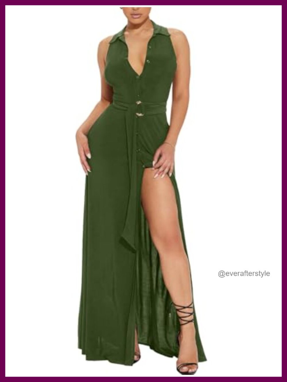 Women's Sleeveless V-Neck Maxi Dress High Split Belted Party